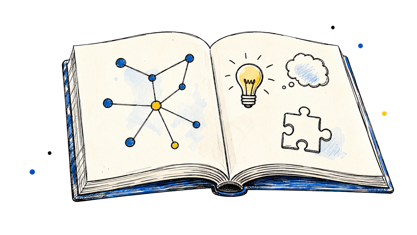 Buku terbuka berisi diagram pengetahuan, lampu ide, dan kepingan puzzle